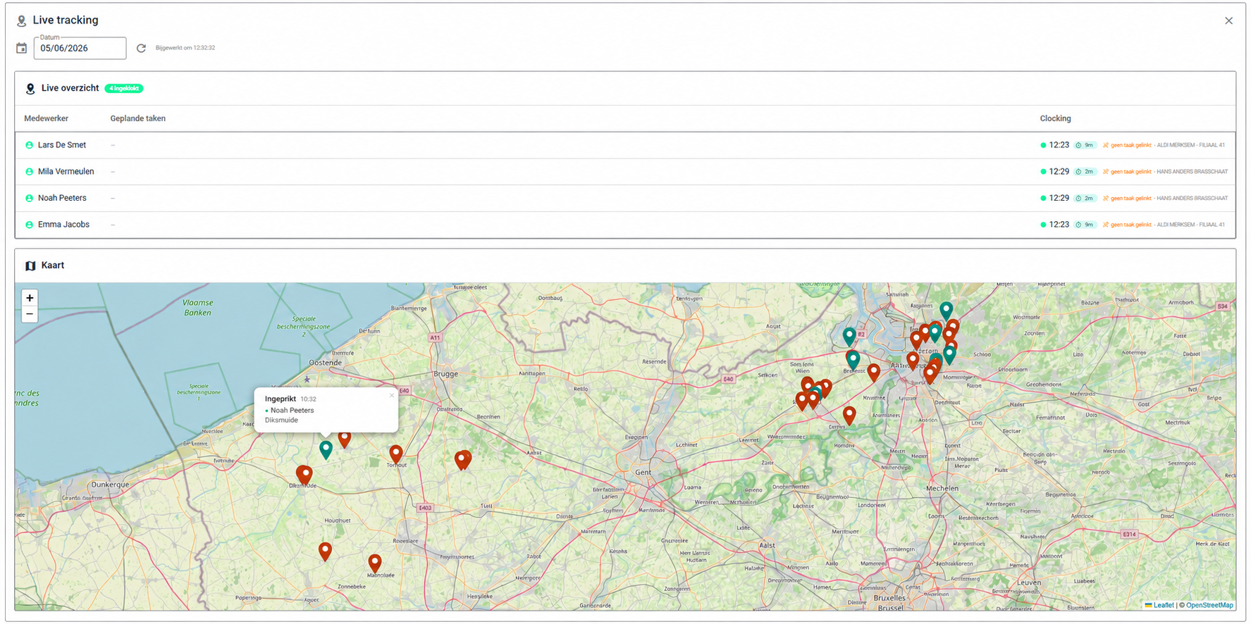 Live tracking van medewerkers op een visuele kaart in BuildBase